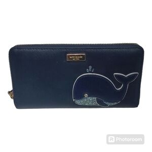 Kate Spade Navy Blue Long Zippered Wallet Whale Embellishments